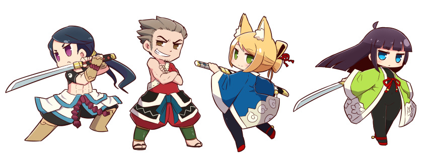 2boys, 2girls, 7th_dragon, 7th_dragon_(series), :<, abs, ahoge, animal_ear_fluff