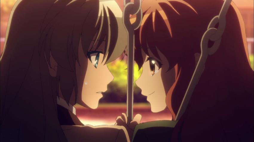 2girls, blue_eyes, brown_eyes, brown_hair, closed_mouth, couple, eye_contact, face-to-face