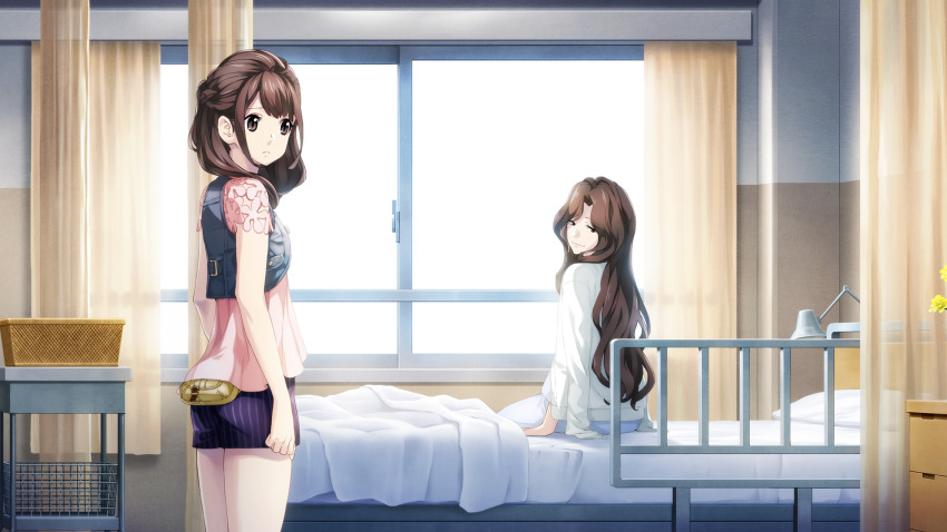 2girls, bed, blouse, blue_shorts, brown_eyes, brown_hair, curtains, fukuda_tomonori