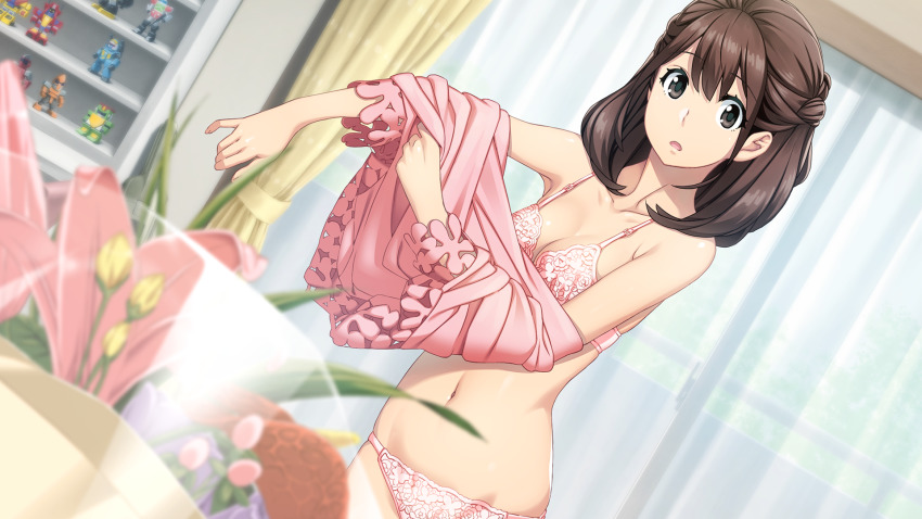 1girl, blurry, blurry_foreground, bra, breasts, brown_eyes, brown_hair, cleavage, collarbone, curtains, dressing, dutch_angle, female_focus, fukuda_tomonori, game_cg, grin, highres, indoors, long_hair, looking_at_viewer, medium_breasts, navel, off_shoulder, official_art, open_mouth, panties, pink_shirt, robotics;notes, robotics;notes_dash, science_adventure, senomiya_akiho, shirt, smile, solo, underwear, underwear_only, white_bra, white_panties