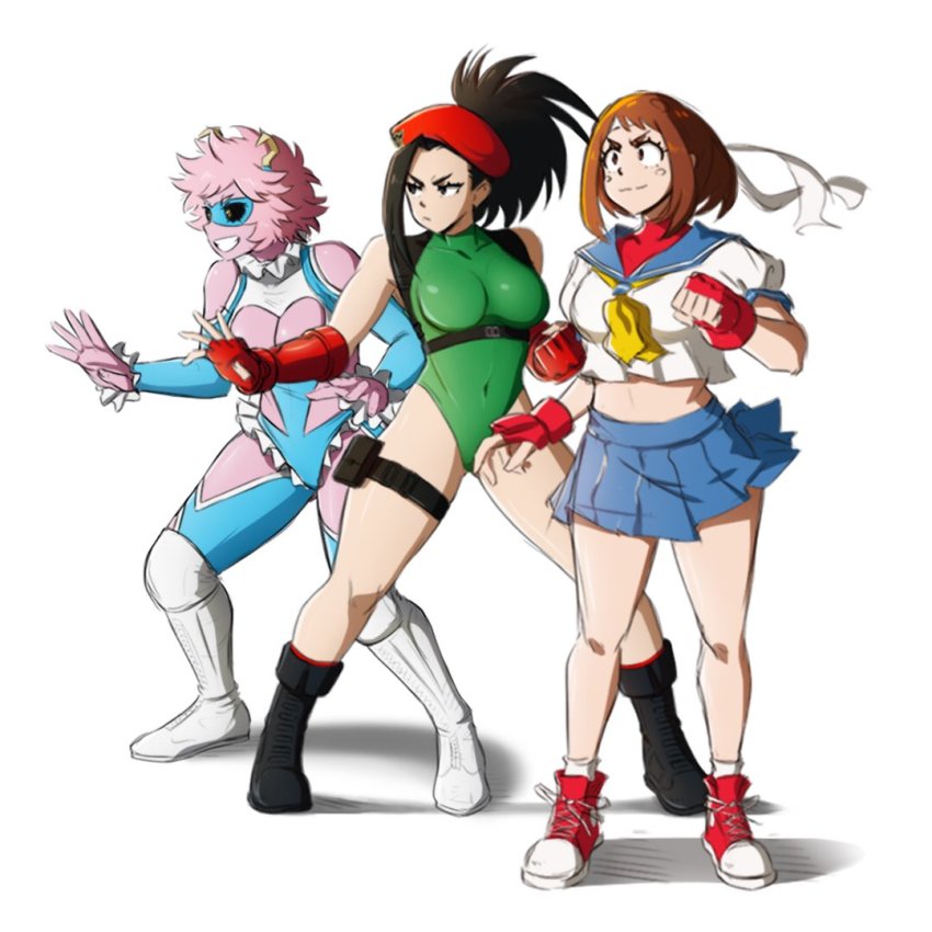 3girls, ashido_mina, black_hair, boku_no_hero_academia, cammy_white, cammy_white_(cosplay), colored_skin, cosplay