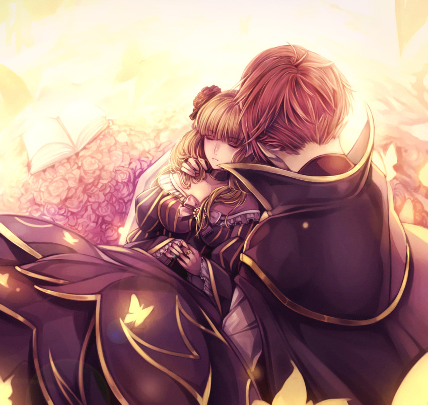 1boy, 1girl, bad_id, bad_pixiv_id, beatrice_(umineko), black_cape, black_dress, black_flower