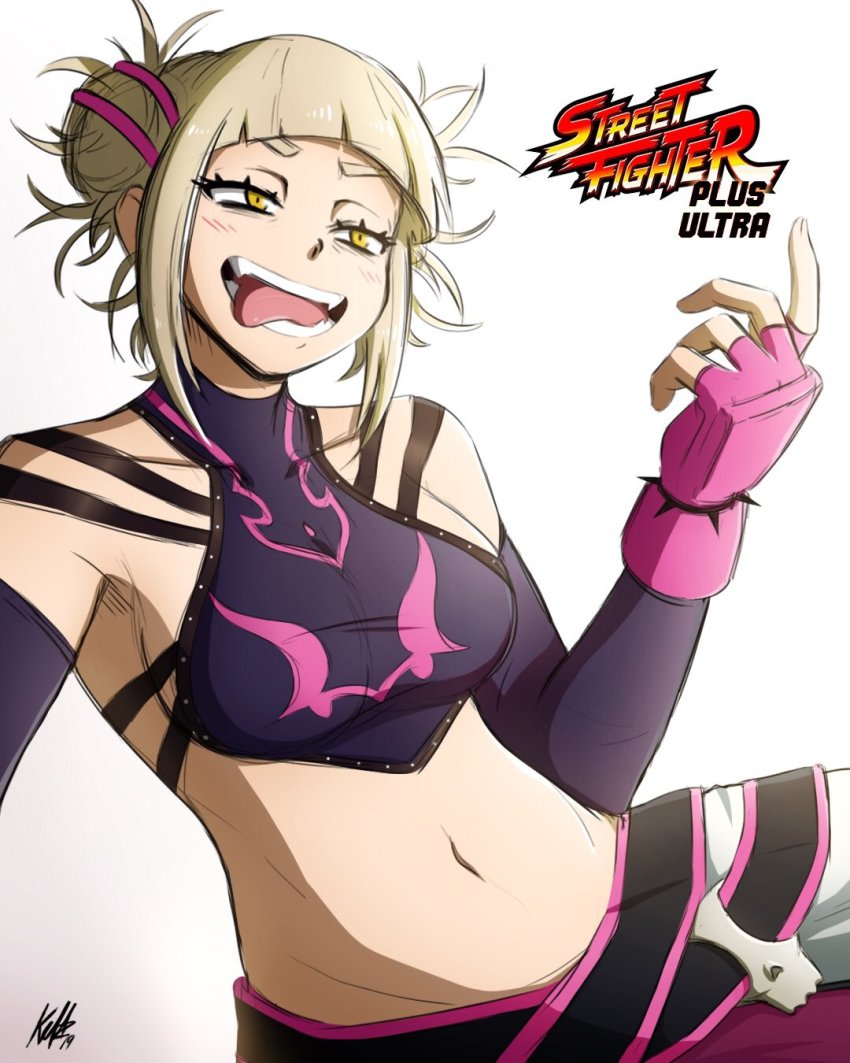 1girl, blonde_hair, boku_no_hero_academia, cosplay, cowboy_shot, crop_top, female_focus, fighting_stance