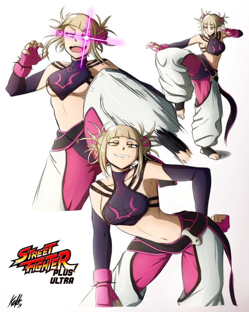 1girl, blonde_hair, boku_no_hero_academia, breasts, cosplay, cowboy_shot, crop_top, fighting_stance, han_juri, han_juri_(cosplay), highres, kellzallday30, legs_apart, looking_at_viewer, multiple_views, navel, short_hair, simple_background, stirrup_legwear, street_fighter, toeless_legwear, toga_himiko, underboob, white_background