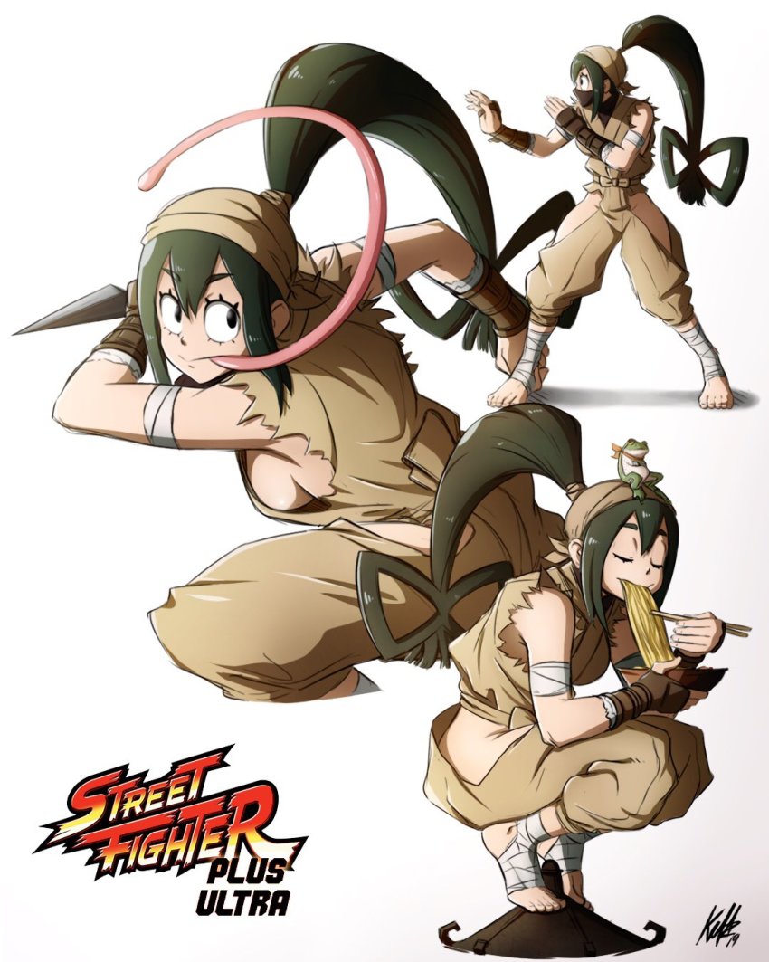 1girl, asui_tsuyu, boku_no_hero_academia, breasts, cosplay, cowboy_shot, eating, fighting_stance