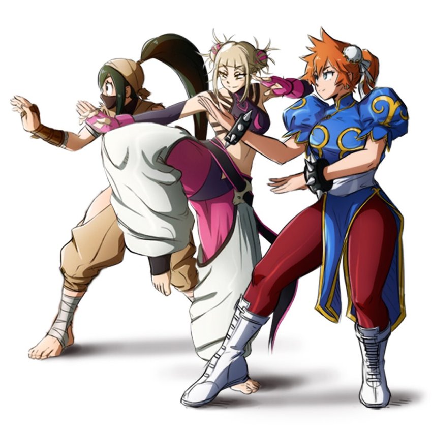 3girls, alternate_costume, asui_tsuyu, blonde_hair, boku_no_hero_academia, capcom, chun-li, chun-li_(cosplay)
