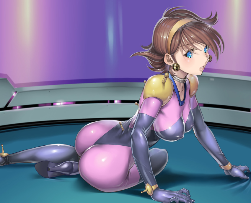 1girl, :o, arm_support, armor, ass, bad_id, bad_pixiv_id, blue_eyes, blush, bodysuit, breasts, brown_hair, covered_erect_nipples, elbow_gloves, female_focus, furuya_masashi, g_gundam, gloves, gundam, hanging_breasts, headband, high_heels, highres, impossible_bodysuit, impossible_clothes, lips, looking_at_viewer, looking_to_the_side, mecha_pilot_suit, mobile_trace_suit, pauldrons, rain_mikamura, short_hair, shoulder_armor, skin_tight, solo