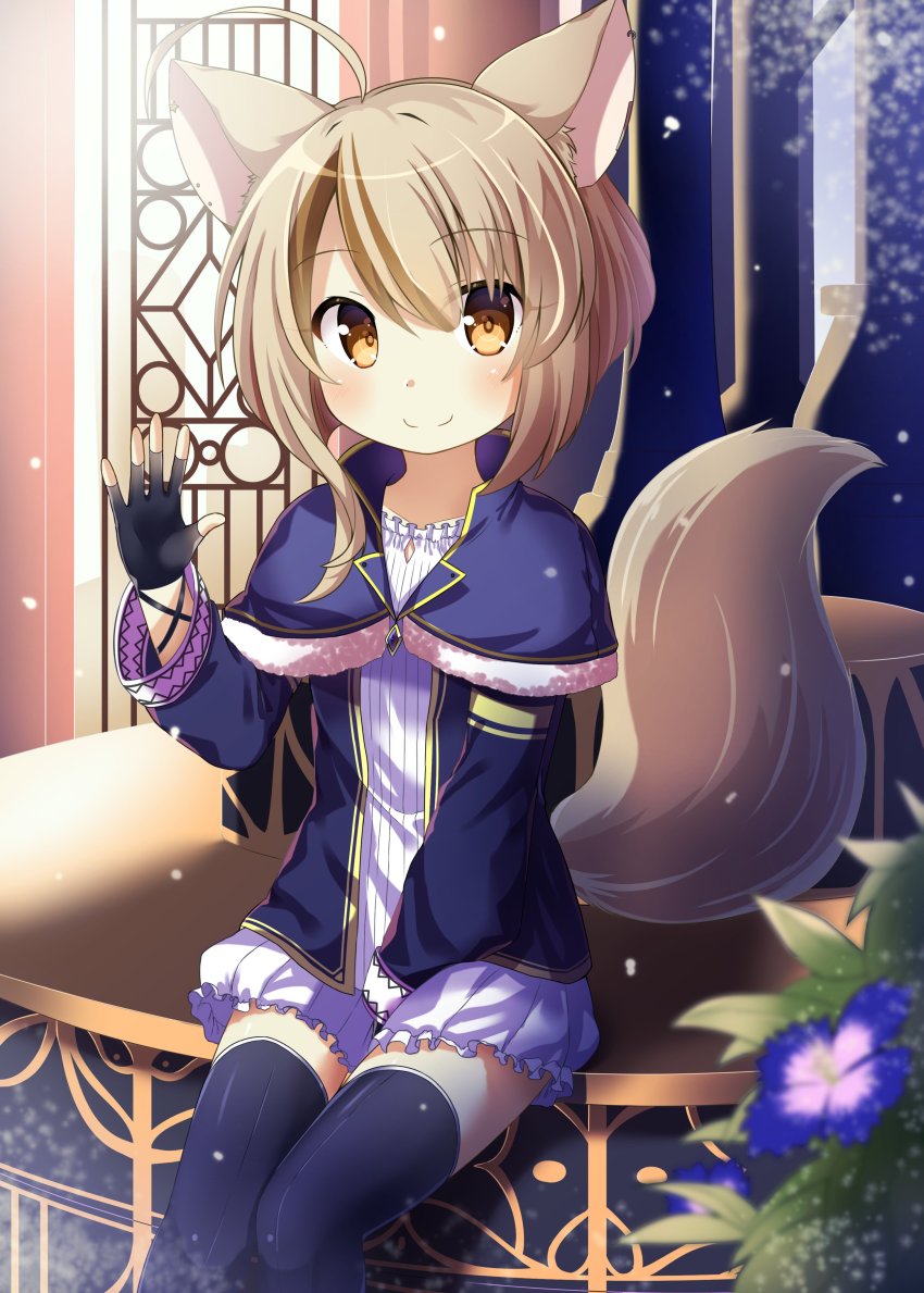 absurdres, alternate_costume, animal_ears, between_legs, black_gloves, blurry, brown_hair, capelet