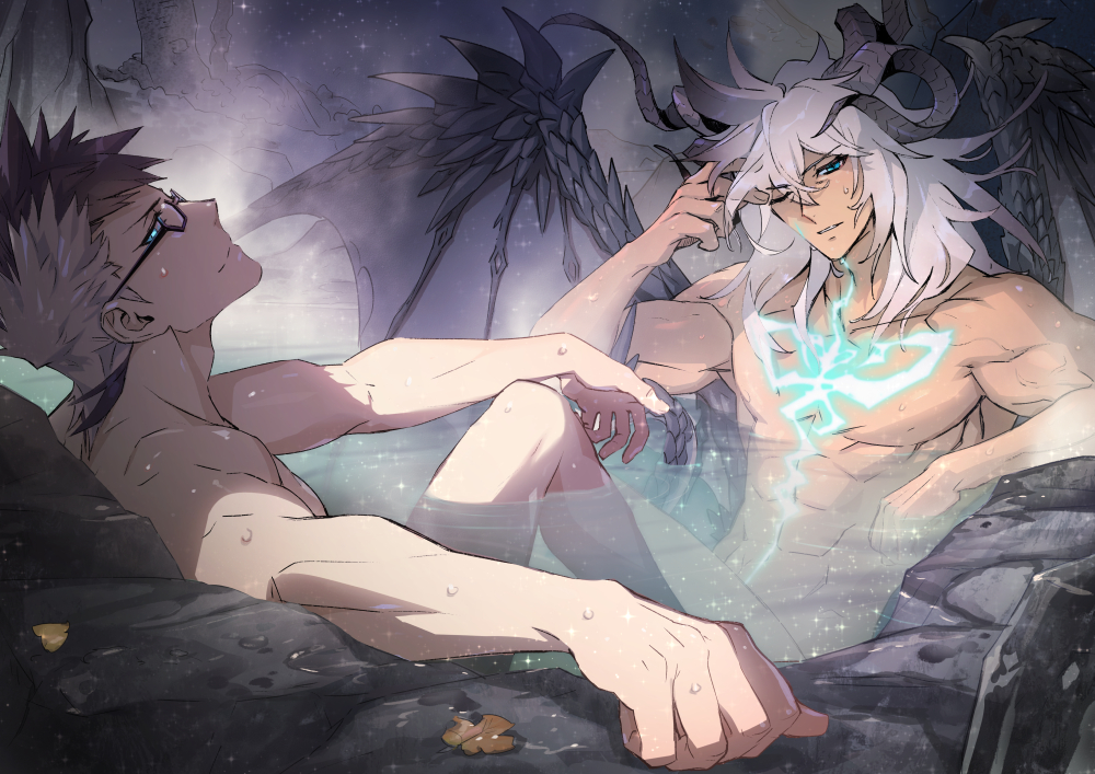 2boys, abs, black_hair, blue_eyes, chest_tattoo, dragon_wings, fate/apocrypha, fate/grand_order
