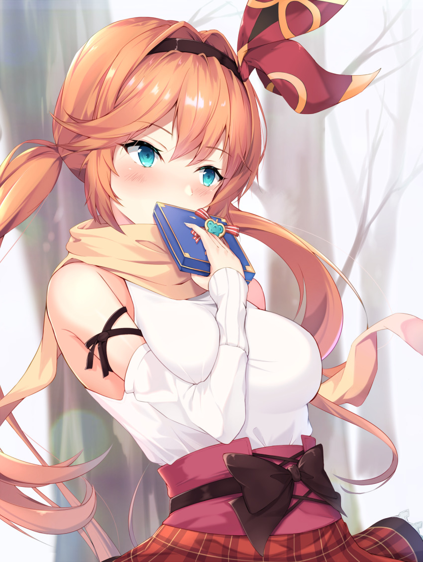 1girl, arm_between_breasts, averting_eyes, blush, breasts, brown_hair, clarisse_(granblue_fantasy), clarisse_(valentine)_(granblue_fantasy)
