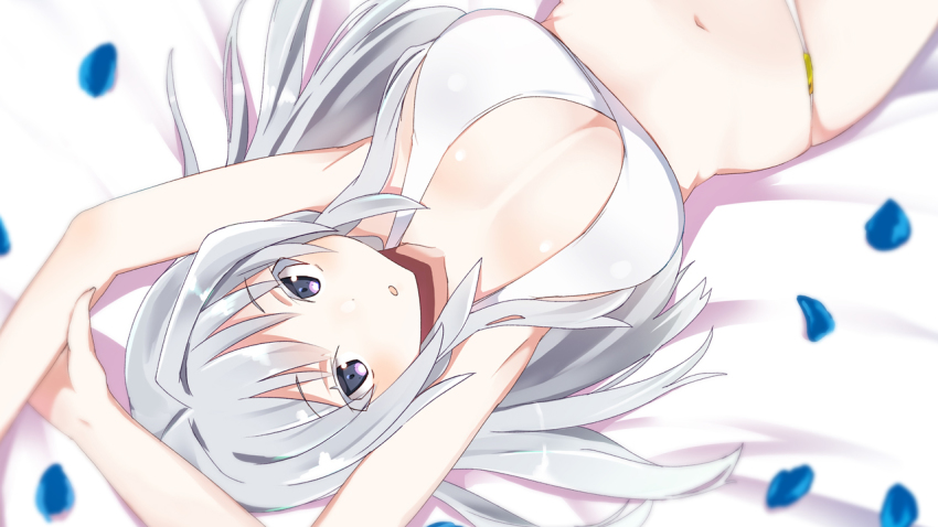 1girl, :o, alice_gear_aegis, armpits, arms_up, bare_arms, bare_shoulders, bed_sheet