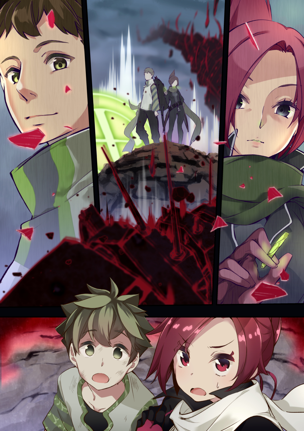 2boys, 2girls, black_eyes, black_pants, brown_hair, cloud, cloudy_sky, collared_jacket, commentary_request, fog, folded_ponytail, gloves, green_scarf, green_sleeves, highres, holding, jacket, kemurikusa, kemurikusa_(object), long_scarf, long_sleeves, looking_at_viewer, messy_hair, multiple_boys, multiple_girls, nushi_(kemurikusa), open_mouth, pants, prototype_design, red_eyes, red_gloves, red_hair, rin_(kemurikusa), robot, rousetsu, scarf, scuffed, shirt, short_hair, sky, smile, surprised, sweatdrop, t-shirt, turtleneck, wakaba_(kemurikusa), white_scarf, white_shirt, wide_sleeves