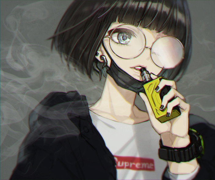 1other, androgynous, black_hair, blue_eyes, blunt_bangs, bob_cut, casual, chromatic_aberration