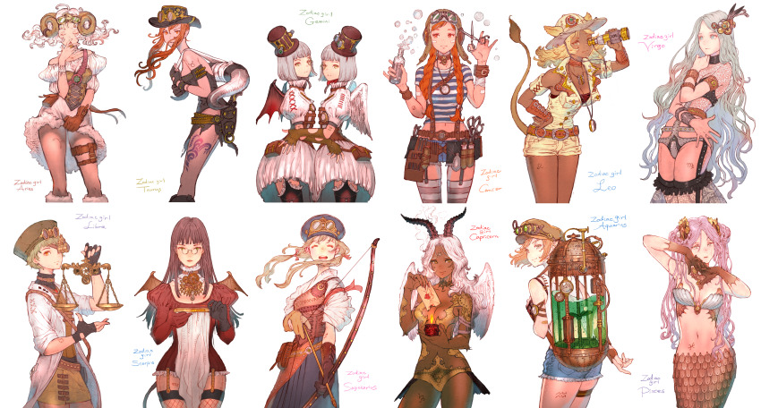 6+girls, :d, ^_^, absurdres, ahoge, angel_wings, animal_ears, aquarius_(zodiac)