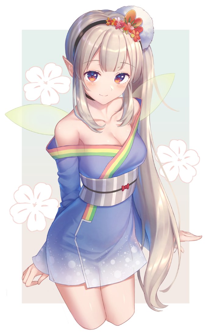 1girl, armpits, bare_shoulders, black_choker, blush, breasts, brown_eyes, choker, cleavage, closed_mouth, collarbone, commentary, cropped_legs, elf, elu_(3rd_costume)_(nijisanji), elu_(nijisanji), fairy_wings, female_focus, flower, hair_flower, hair_ornament, hairband, japanese_clothes, kawami_nami, kimono, long_hair, looking_at_viewer, medium_breasts, nijisanji, obi, pointy_ears, pom_pom_(clothes), rainbow, red_eyes, sash, short_kimono, short_yukata, side_ponytail, silver_hair, simple_background, smile, solo, thighs, very_long_hair, virtual_youtuber, wings, yukata