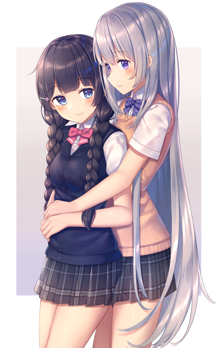 2girls, :3, black_hair, blue_cardigan, blue_eyes, blue_neckwear, blush, bow