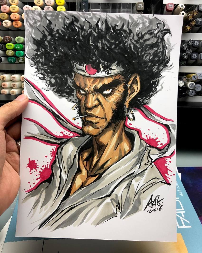 1boy, afro, afro_samurai, afro_samurai_(character), art_tools_in_frame, black_hair, brown_eyes, copic