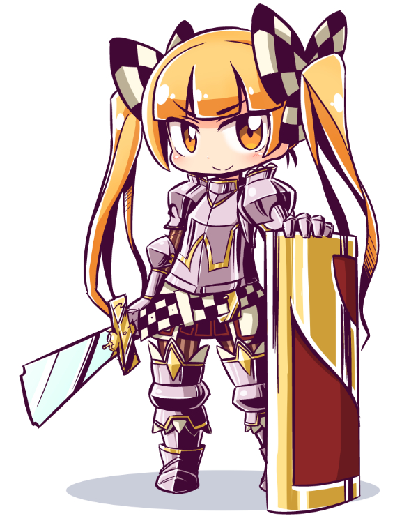 >:), 1girl, 7th_dragon, 7th_dragon_(series), armor, armored_boots, belt, belt_buckle