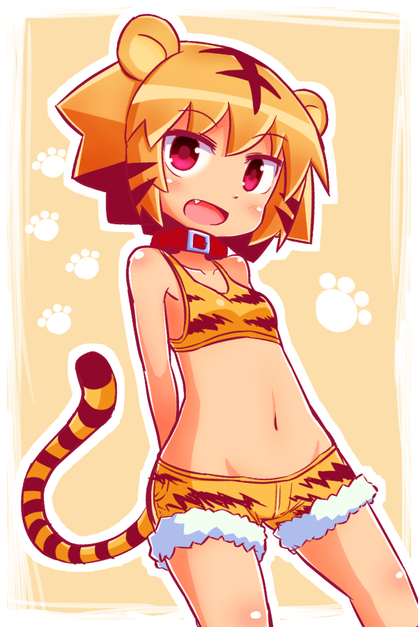1girl, :d, animal_ears, animal_print, bare_shoulders, belt_buckle, belt_collar, blush