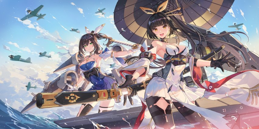 2girls, :d, aircraft, airplane, akagi_(blue_oath), anchor_necklace, bare_shoulders, black_gloves