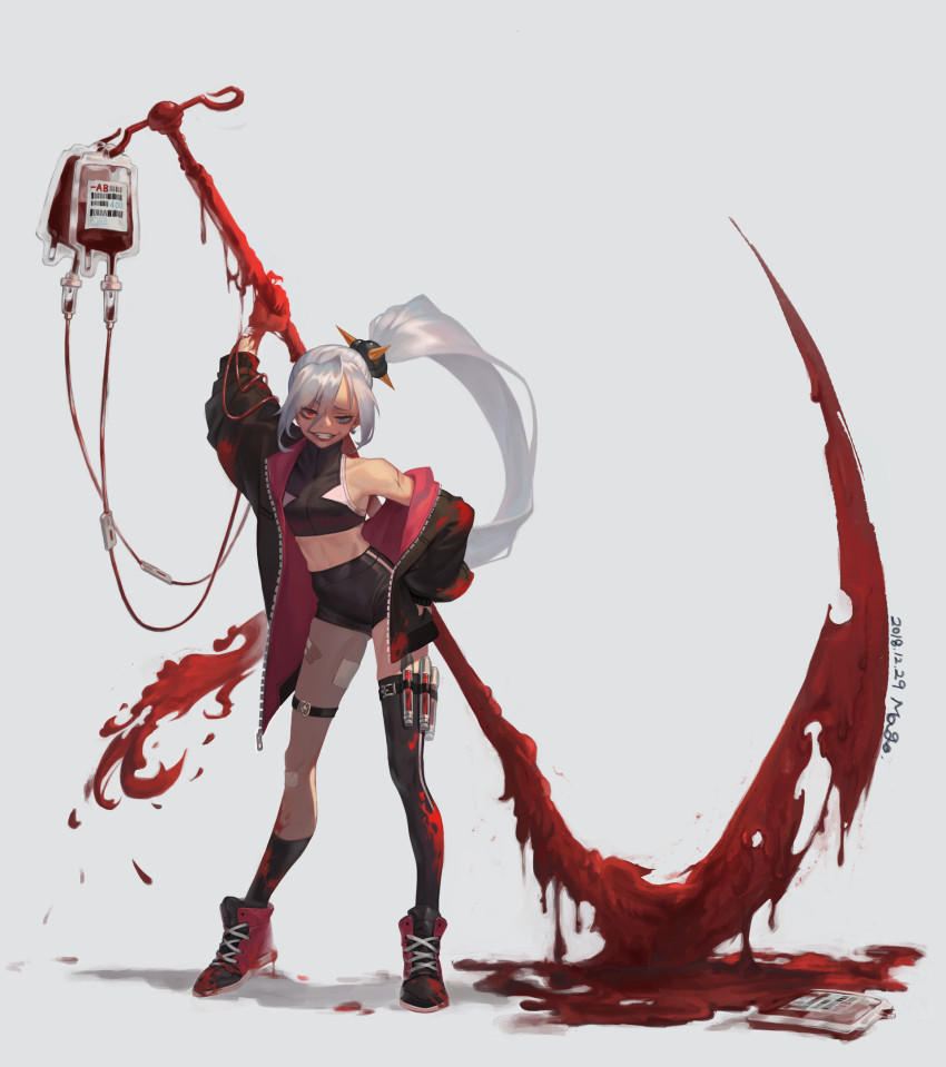 1g_no_izumi, 1girl, asymmetrical_legwear, bandaid, bandaid_on_knee, bandaid_on_leg, bare_shoulders, black_footwear