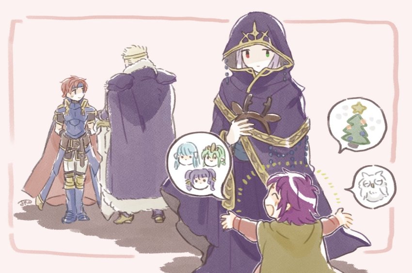 2boys, 2girls, armor, bad_id, bad_twitter_id, belt, blonde_hair, blue_headband, cape, closed_eyes, dress, fae_(fire_emblem), fake_antlers, feh_(fire_emblem_heroes), fire_emblem, fire_emblem:_mystery_of_the_emblem, fire_emblem:_the_binding_blade, fire_emblem:_the_blazing_blade, fire_emblem:_the_sacred_stones, fire_emblem_heroes, from_behind, fur_trim, green_eyes, headband, heterochromia, holding, holding_sword, holding_weapon, hood, hood_up, idunn_(fire_emblem), long_sleeves, multiple_boys, multiple_girls, murabito_ba, myrrh_(fire_emblem), ninian_(fire_emblem), nintendo, open_mouth, pointy_ears, purple_hair, red_eyes, red_hair, robe, roy_(fire_emblem), short_hair, standing, sword, tiki_(fire_emblem), tiki_(young)_(fire_emblem), weapon, zephiel_(fire_emblem)