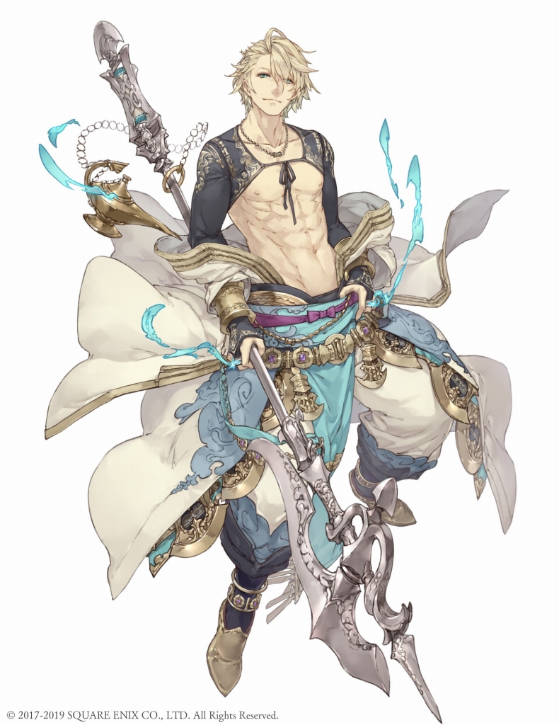 1boy, abs, aladdin_(sinoalice), anklet, bare_pectorals, blonde_hair, blue_eyes, bridal_gauntlets, chain, collarbone, full_body, gold, gold_trim, hair_over_one_eye, halberd, jewelry, ji_no, looking_at_viewer, male_focus, nagatekkou, necklace, nipples, off_shoulder, official_art, oil_lamp, pectorals, pointy_shoes, polearm, sash, shoes, shrug_(clothing), sinoalice, solo, square_enix, waist_cape, weapon, white_background