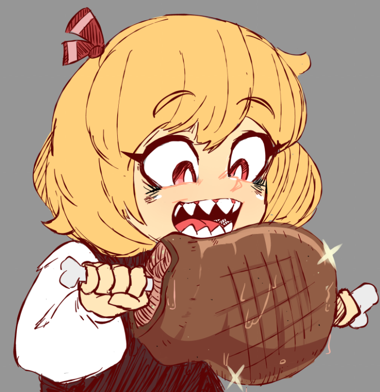 1girl, blonde_hair, boned_meat, eating, female_focus, food, gountro, grey_background, hair_ribbon, holding, holding_food, holding_meat, long_sleeves, meat, open_mouth, red_eyes, red_ribbon, ribbon, rumia, sharp_teeth, shirt, short_hair, simple_background, smile, solo, teeth, touhou, upper_body, vest, white_shirt
