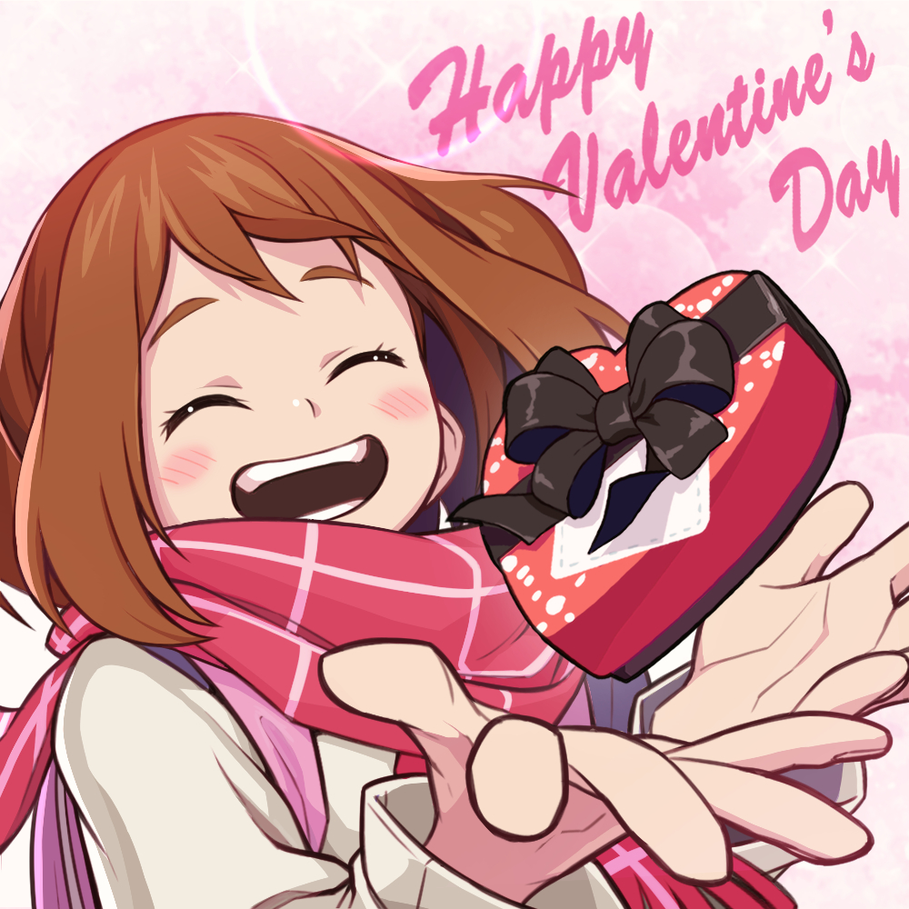 1girl, backpack, bag, beige_jacket, black_ribbon, blush, boku_no_hero_academia, breasts, brown_hair, female_focus, floating, happy, happy_valentine, hatsuta, heart, jacket, pink_bag, pink_scarf, ribbon, scarf, short_hair, simple_background, smile, solo, uraraka_ochako, valentine