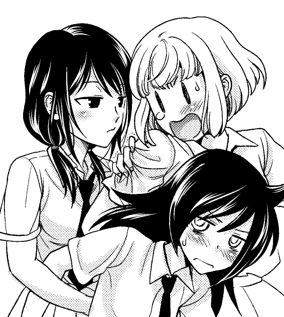 black_hair, blonde_hair, blush, bob_cut, breasts, greyscale, kuroki_tomoki, long_hair, mochiya_(mochiya029), monochrome, necktie, school_uniform, simple_background, sweatdrop, tamura_yuri, twintails, uchi_emiri, watashi_ga_motenai_no_wa_dou_kangaetemo_omaera_ga_warui!, |_|