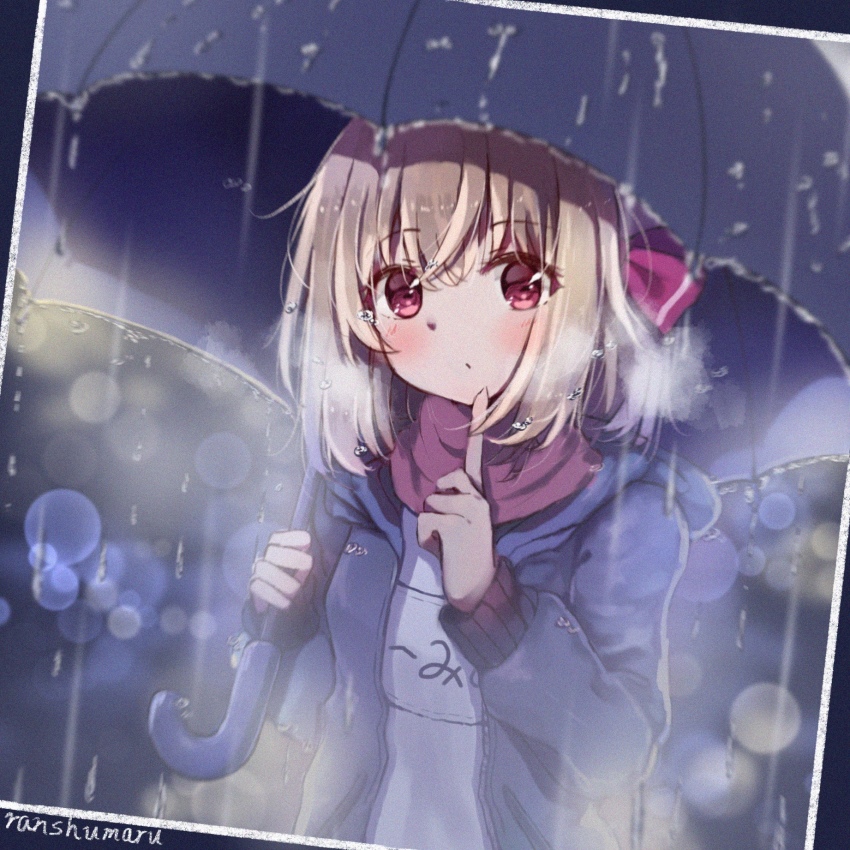 1girl, alternate_costume, artist_name, black_jacket, blonde_hair, blush, breath, chilia012