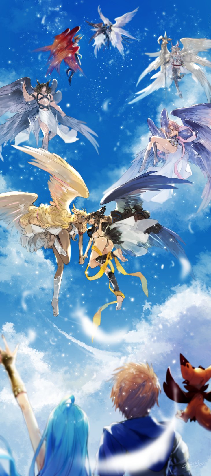 angel_wings, armor, blonde_hair, blue_sky, brown_hair, day, gabriel_(granblue_fantasy), gran_(granblue_fantasy)