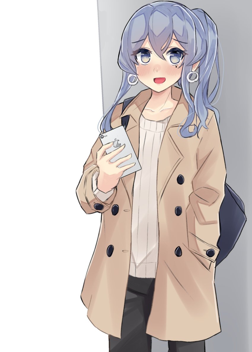 1girl, absurdres, alternate_costume, bag, black_pants, blue_eyes, blue_hair, blush
