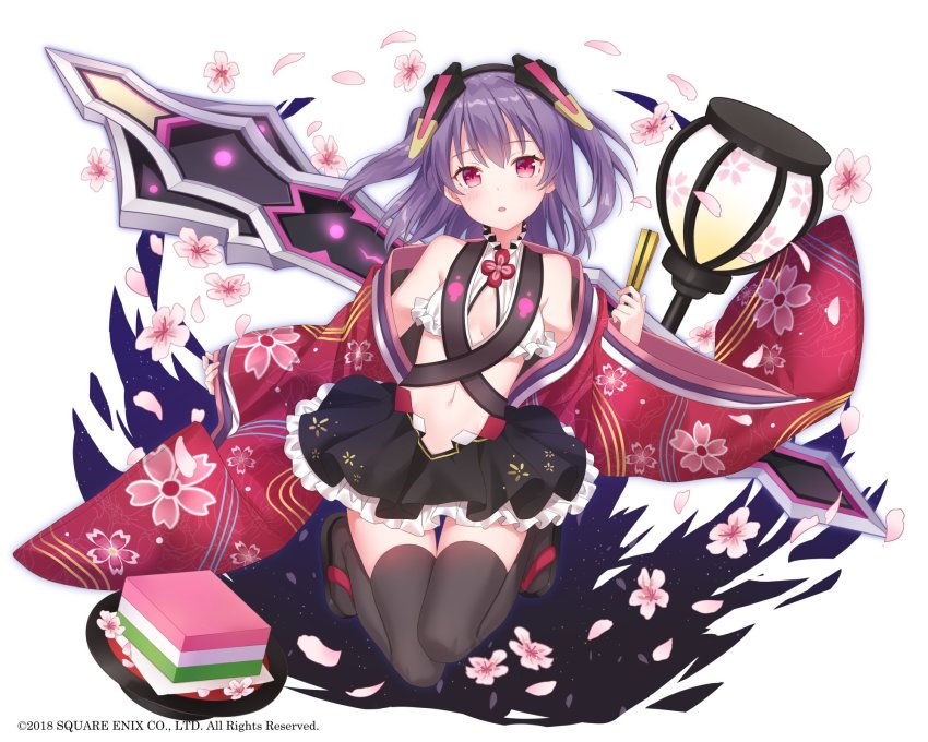 1girl, :o, bare_shoulders, black_skirt, black_thighhighs, blush, breasts, cherry_blossoms
