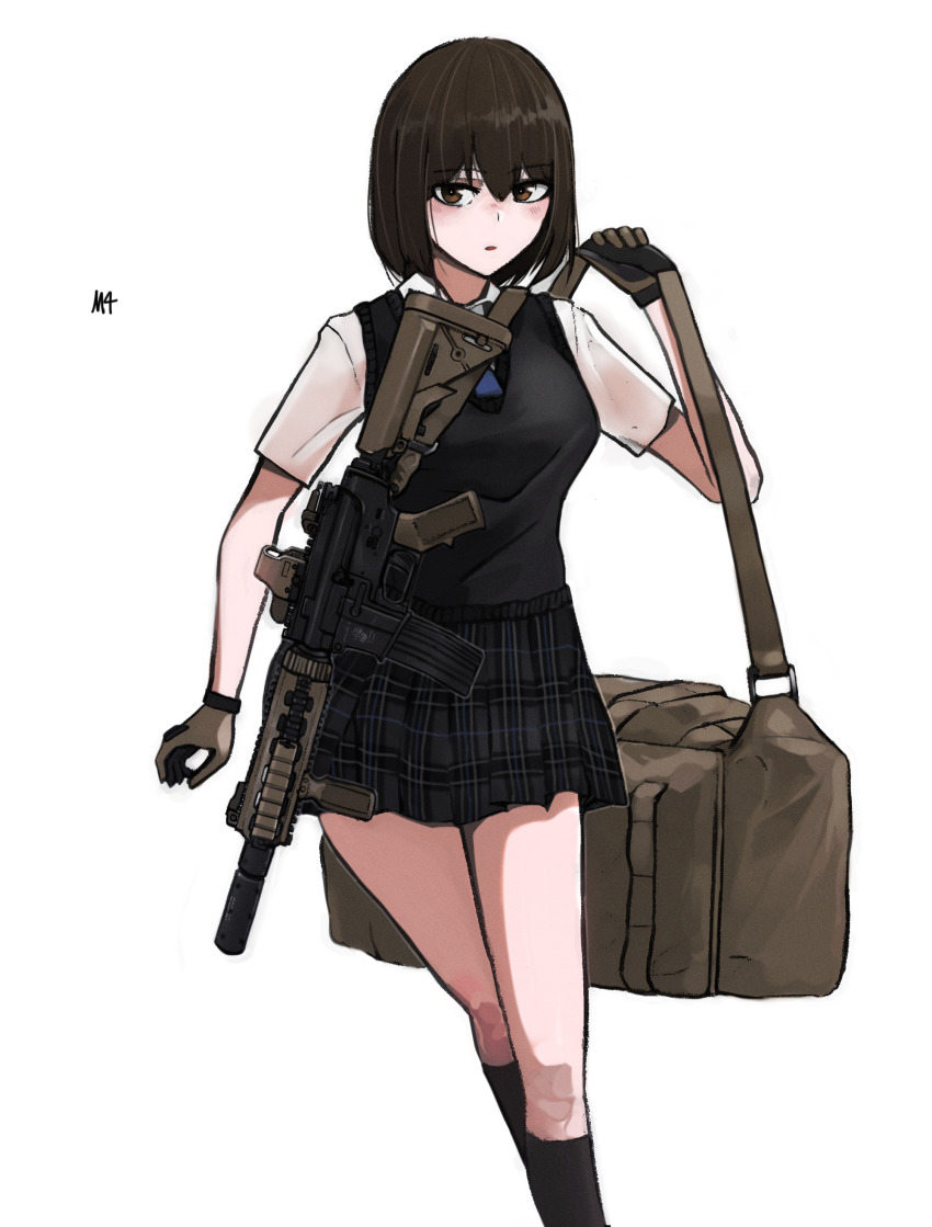 1girl, absurdres, assault_rifle, bag, black_socks, brown_eyes, brown_hair, commentary