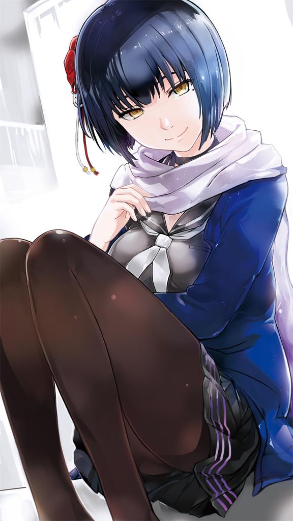 1girl, ass, black_pantyhose, blue_hair, breasts, hair_ornament, kamemushi_(hoozuki), looking_at_viewer