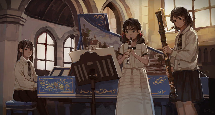 3girls, ascot, backlighting, bass_recorder, bench, black_eyes, black_hair, dress, flute, frown, hair_ribbon, indoors, instrument, long_hair, looking_to_the_side, low_twintails, medium_hair, multiple_girls, music_stand, original, piano, plaid, pvmivs, recorder, ribbon, school_uniform, sheet_music, short_hair, sitting, sketch, skirt, soprano_recorder, sunlight, twintails, window