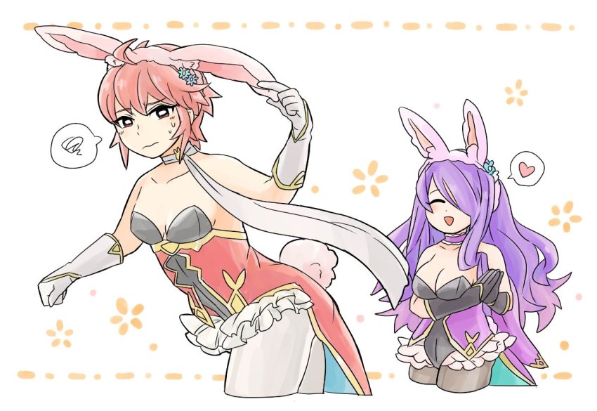 2girls, animal_ears, black_gloves, breasts, camilla_(fire_emblem), camilla_(spring_princess)_(fire_emblem), choker, cleavage, closed_eyes, closed_mouth, fake_animal_ears, fake_tail, fire_emblem, fire_emblem_fates, fire_emblem_heroes, flyer_27, frilled_choker, frills, gloves, hair_over_one_eye, heart, hinoka_(fire_emblem), large_breasts, leotard, long_hair, multiple_girls, nintendo, open_mouth, own_hands_together, purple_hair, rabbit_ears, rabbit_tail, red_hair, short_hair, small_breasts, spoken_heart, tail, white_gloves, white_legwear
