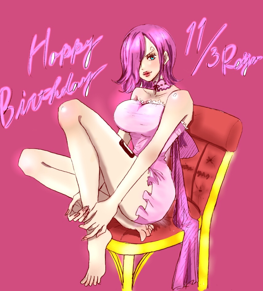 1girl, aqua_eyes, bare_arms, bare_shoulders, blue_eyes, breasts, chair, feet, female_focus, hair_over_one_eye, large_breasts, legs, lipstick, makeup, on_chair, one_piece, pink_hair, red_lips, short_hair, sitting, solo, tattoo, thighs, vinsmoke_family, vinsmoke_reiju