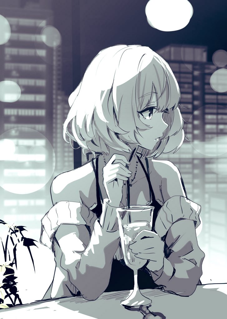 1girl, city, drinking_straw, glass, greatpengh, idolmaster, idolmaster_cinderella_girls, lens_flare