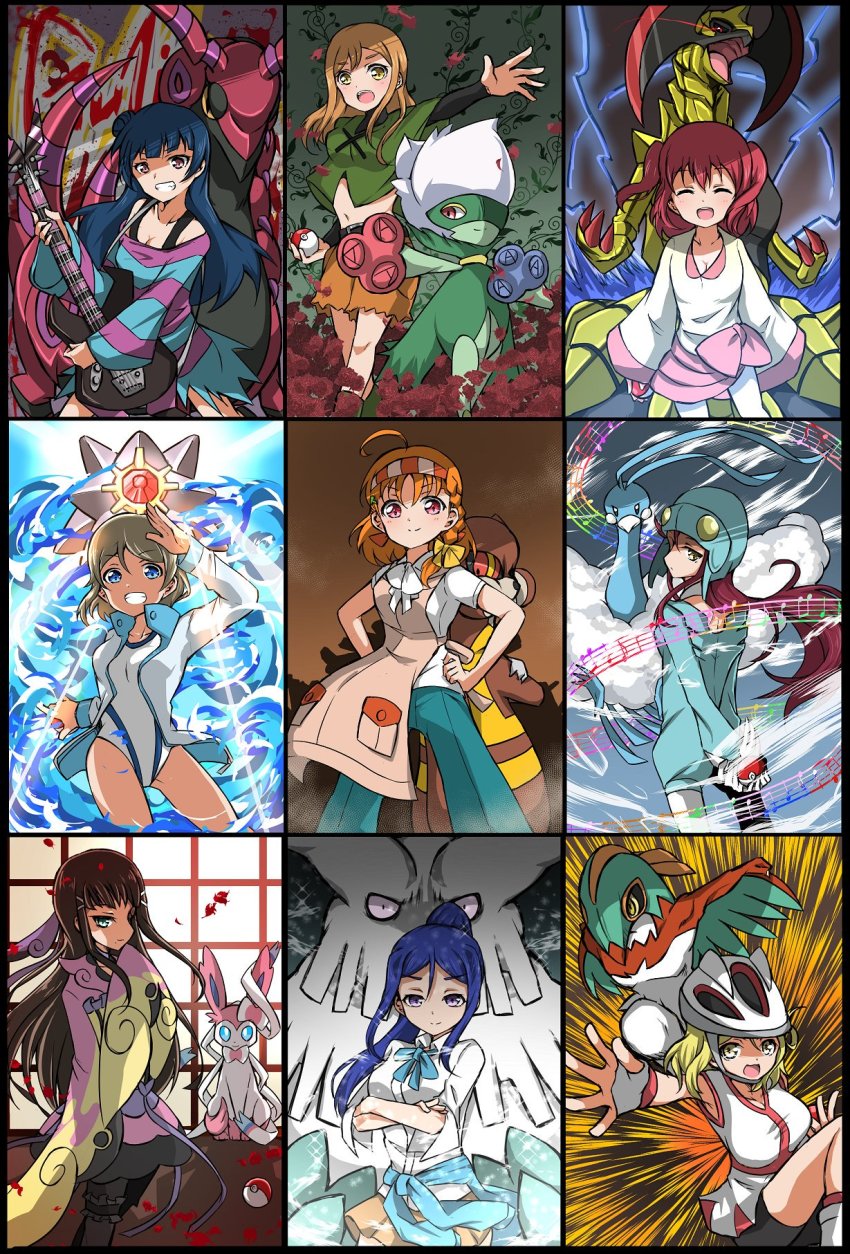 6+girls, abomasnow, altaria, candice_(pokemon), candice_(pokemon)_(cosplay), cosplay, gardenia_(pokemon), gardenia_(pokemon)_(cosplay), gariabusu, gen_1_pokemon, gen_3_pokemon, gen_4_pokemon, gen_5_pokemon, gen_6_pokemon, hands_on_own_hips, hawlucha, haxorus, highres, iris_(pokemon), iris_(pokemon)_(cosplay), korrina_(pokemon), korrina_(pokemon)_(cosplay), kunikida_hanamaru, kurosawa_dia, kurosawa_ruby, lenora_(pokemon), lenora_(pokemon)_(cosplay), love_live!, love_live!_sunshine!!, matsuura_kanan, misty_(pokemon), misty_(pokemon)_(cosplay), multiple_girls, nintendo, ohara_mari, poke_ball, poke_ball_(basic), pokemon, roserade, roxie_(pokemon), roxie_(pokemon)_(cosplay), sakurauchi_riko, scolipede, starmie, sylveon, takami_chika, tsushima_yoshiko, valerie_(pokemon), valerie_(pokemon)_(cosplay), watanabe_you, watchog, winona_(pokemon), winona_(pokemon)_(cosplay)