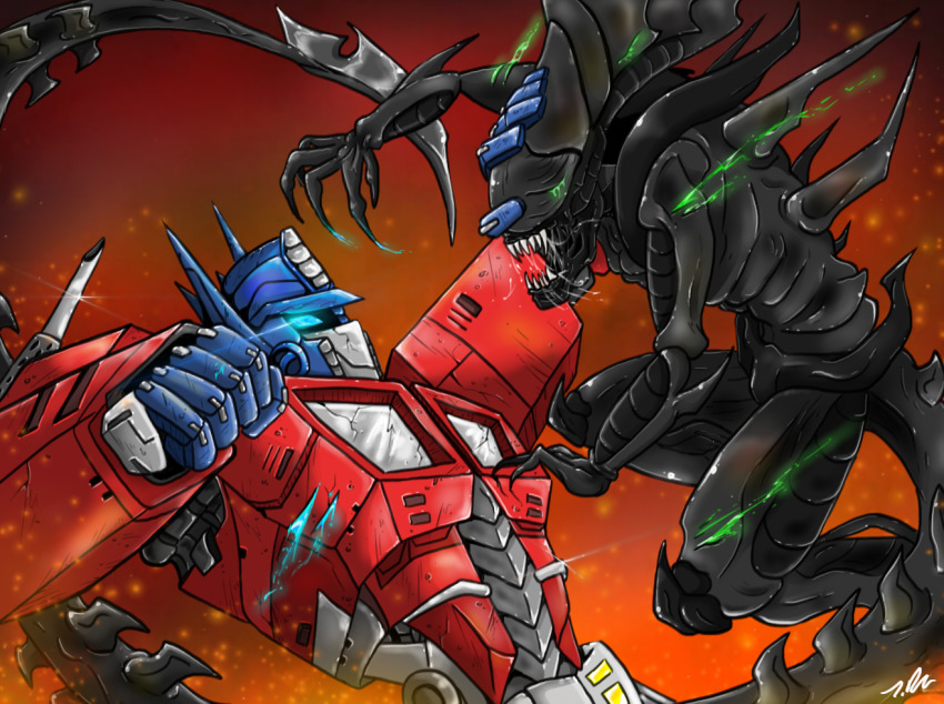 1boy, 1girl, acid, acid_blood, alien, alien_(1979), alien_(series), alien_queen, aliens_(1986), autobot, battle, blood, blue_blood, blue_eyes, claws, colored_blood, crossover, duel, epic, fangs, fighting, glowing, green_blood, headgear, insignia, joselyn565, machine, machinery, mecha, monster, no_eyes, no_humans, optimus_prime, retro_artstyle, robot, science_fiction, tail, teeth, transformers, transformers:_generation_1, xenomorph