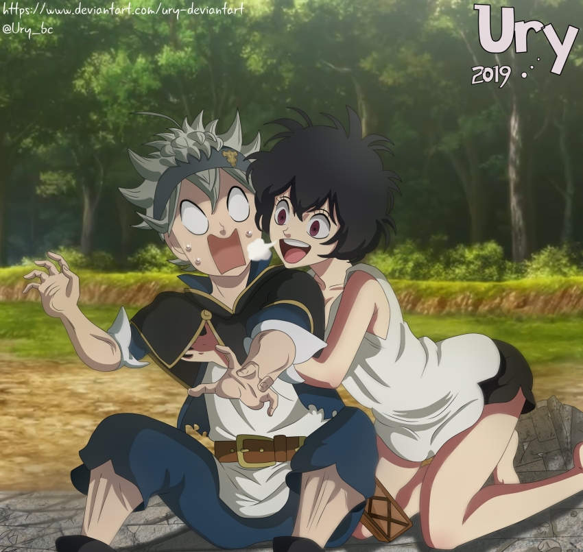 1boy, 1girl, asta_(black_clover), bandana, belt, black_clover, black_hair, breath, forest, highres, hug, long_shorts, nature, open_mouth, pouch, red_eyes, sally_(black_clover), shirt, short_shorts, shorts, silver_hair, sleeveless, sleeveless_shirt, surprised, ury, white_shirt