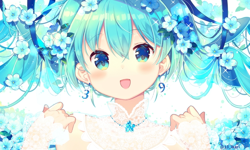 1girl, 39, :d, aqua_eyes, aqua_hair, blue_flower, blue_ribbon, blush