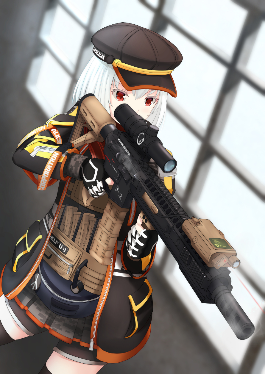 1girl, aiming, assault_rifle, blurry, blurry_background, newsboy_cap, commentary, dutch_angle