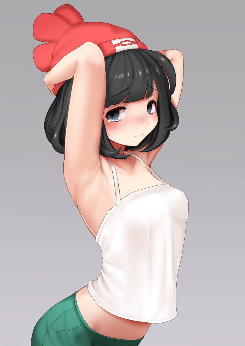 1girl, armpits, beanie, black_hair, blue_eyes, eyebrows, female_focus, gradient_background, grey_background, gumakara, hat, nintendo, pokemon, pokemon_sun_and_moon, red_hat, selene_(pokemon), shirt, short_hair, shorts, simple_background, solo
