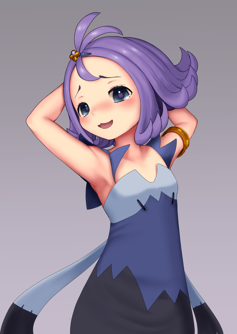 1girl, acerola_(pokemon), armlet, armpits, blue_eyes, blush, dress, eyebrows