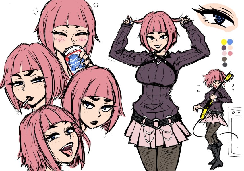 1girl, :p, akairiot, beer_can, belt, black_lips, black_pantyhose, blue_eyes