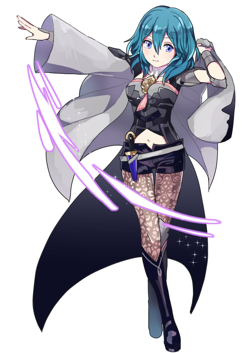 1girl, armor, bad_id, bad_twitter_id, blue_eyes, blue_hair, breasts, cape