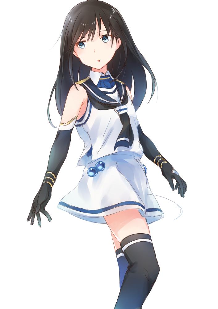 asashio_(kancolle), black_gloves, black_hair, black_thighhighs, blue_eyes, cosplay, elbow_gloves, gloves
